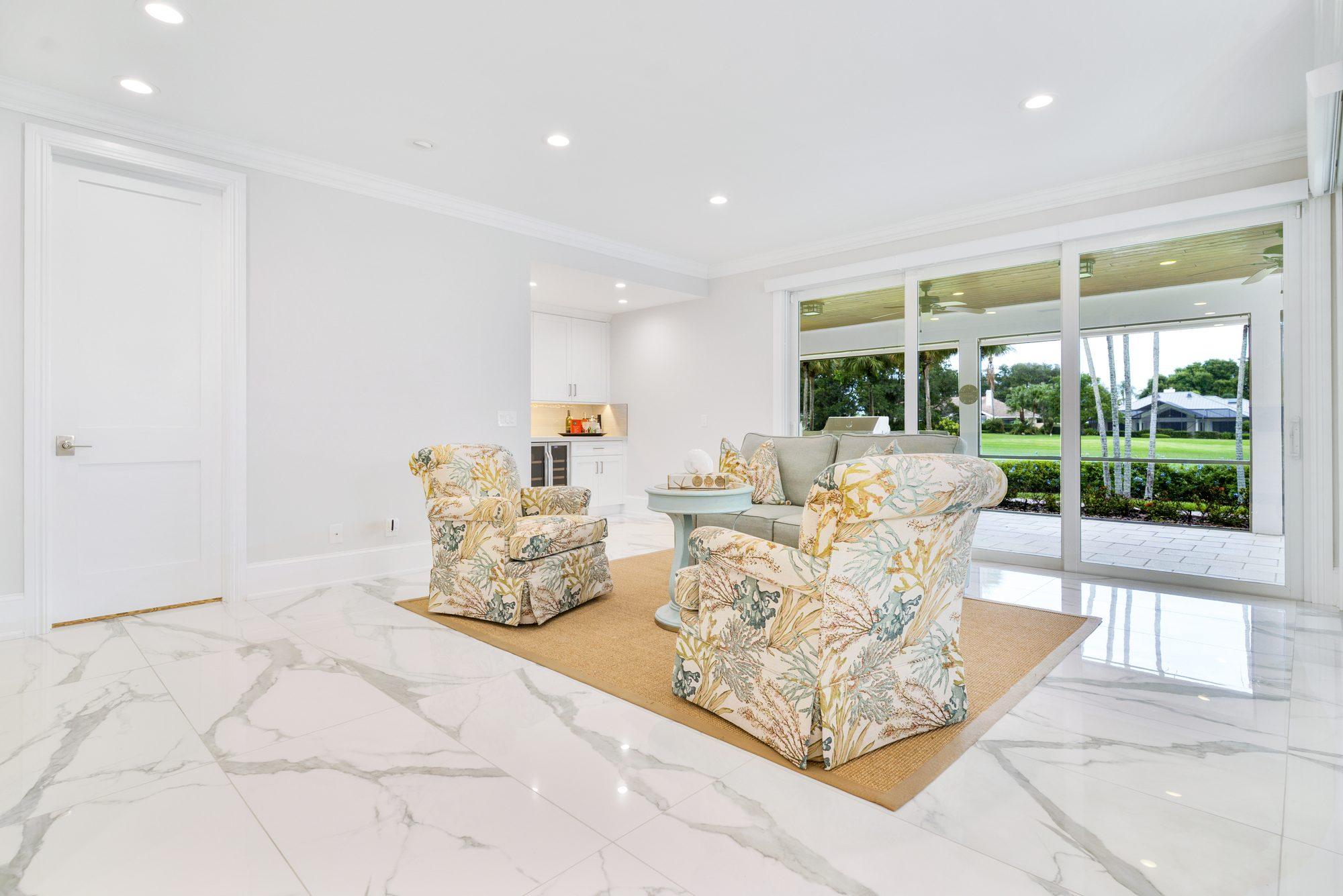 Family room with floor-to-ceiling windows