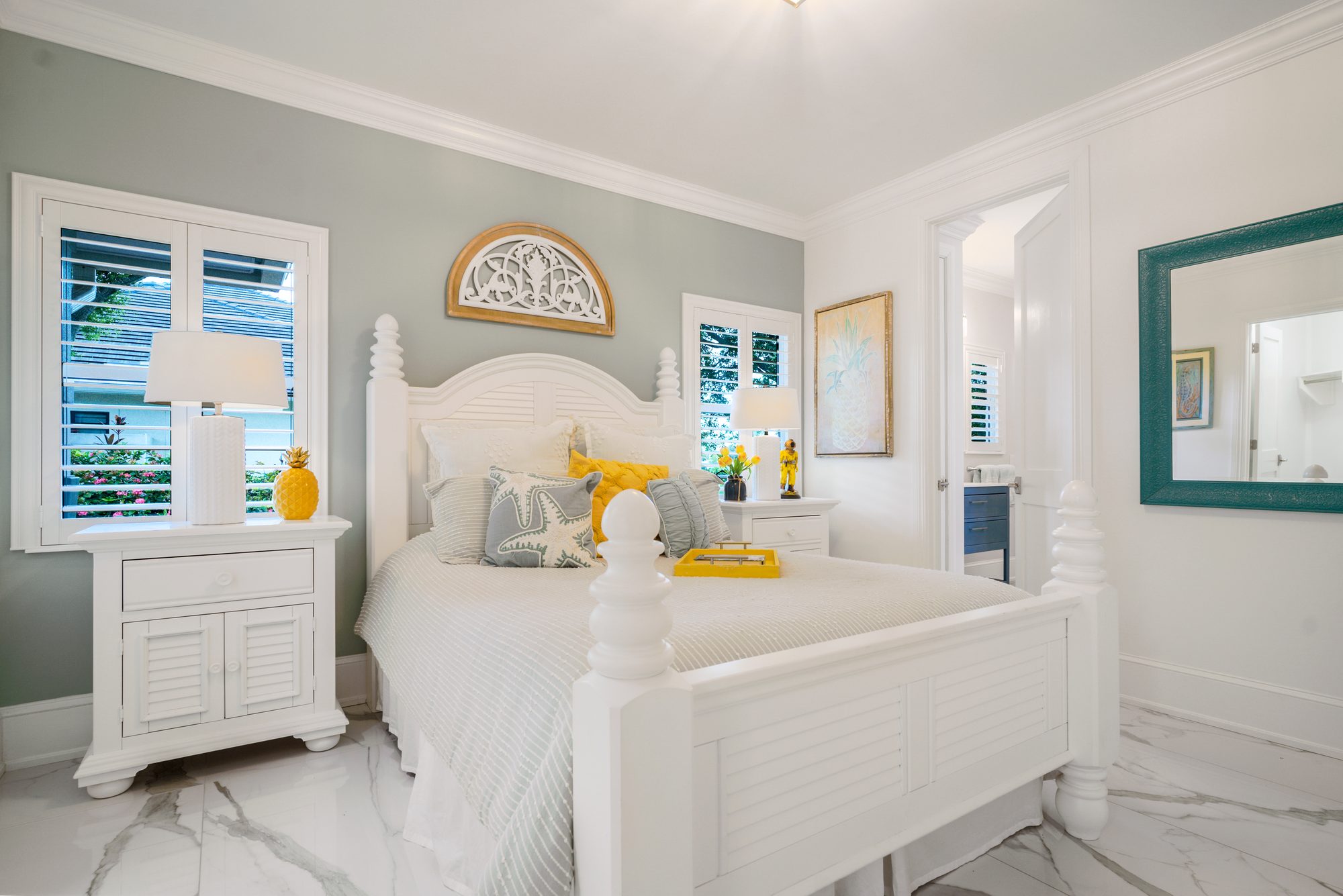 Guest bedroom with coastal decor